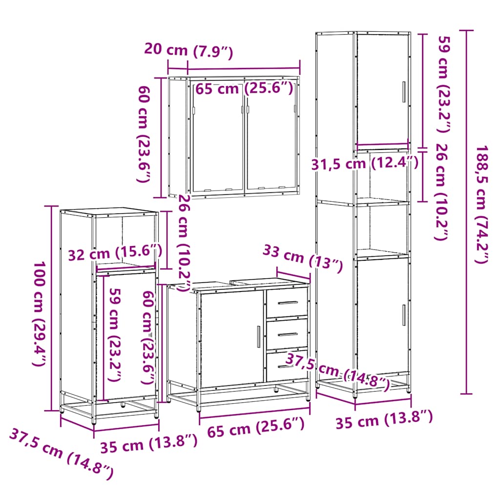 4-delige Badkamermeubelset bewerkt hout gerookt eikenkleurig is nu te koop bij PeponiXL, paradijselijk wonen!