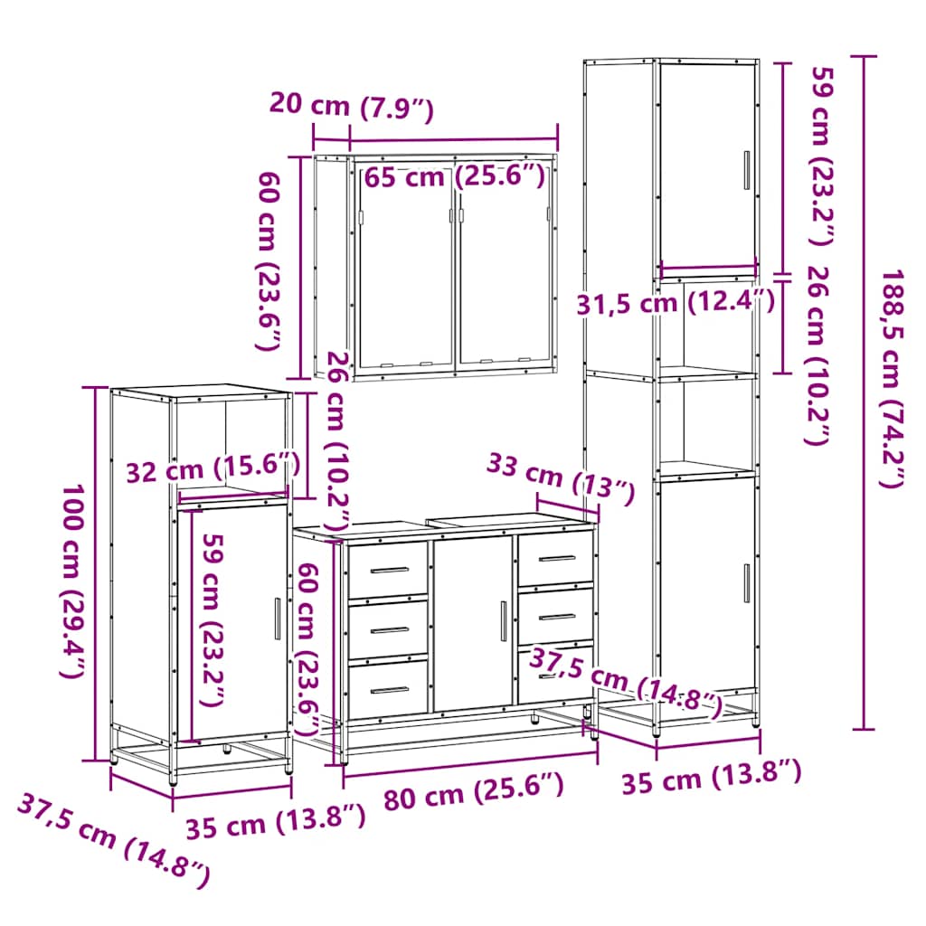 4-delige Badkamermeubelset bewerkt hout sonoma eikenkleurig is nu te koop bij PeponiXL, paradijselijk wonen!
