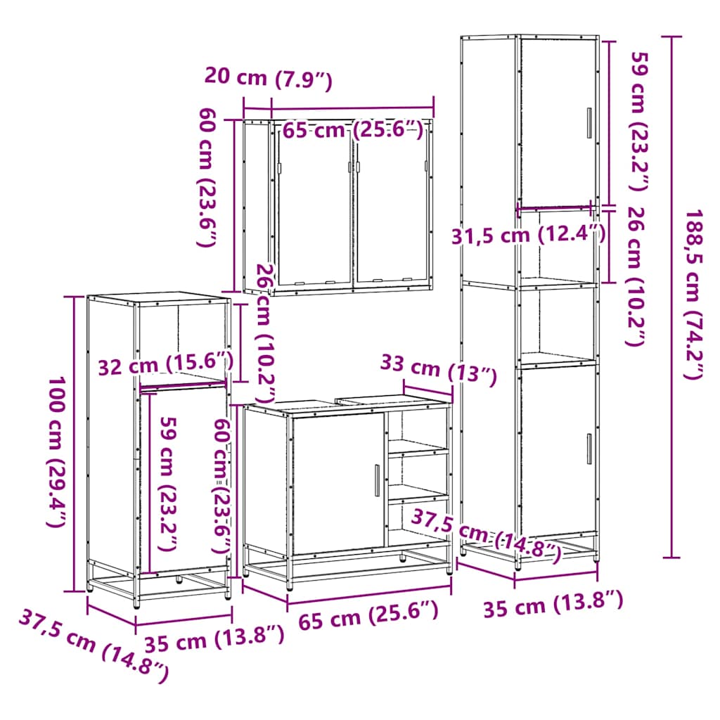 4-delige Badkamermeubelset bewerkt hout sonoma eikenkleurig is nu te koop bij PeponiXL, paradijselijk wonen!