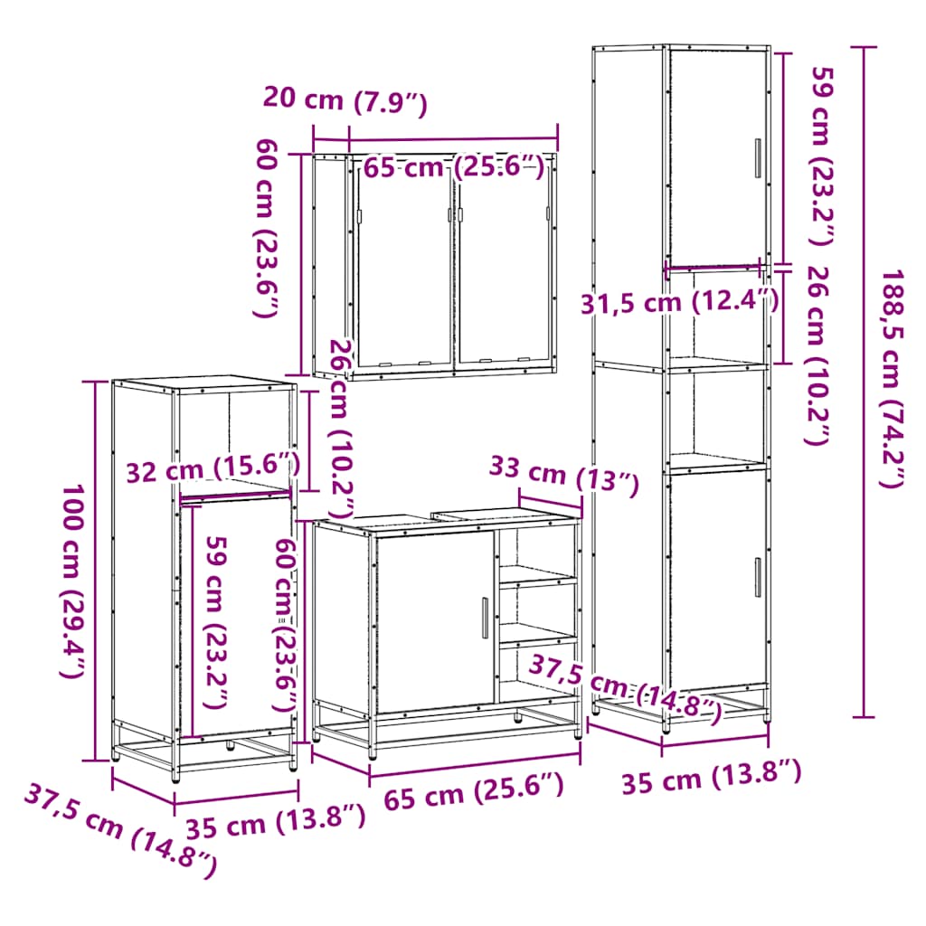 4-delige Badkamermeubelset bewerkt hout gerookt eikenkleurig is nu te koop bij PeponiXL, paradijselijk wonen!