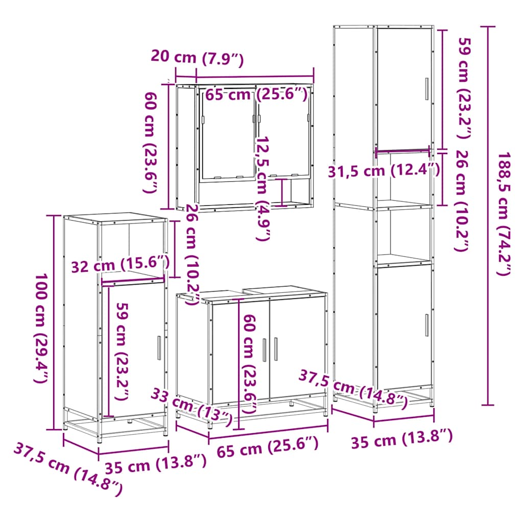 4-delige Badkamermeubelset bewerkt hout sonoma eikenkleurig is nu te koop bij PeponiXL, paradijselijk wonen!
