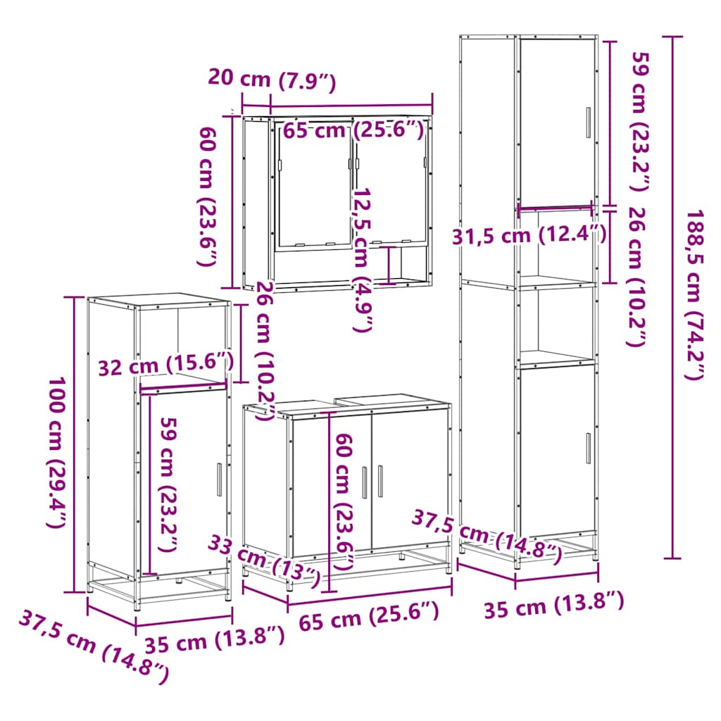 4-delige Badkamermeubelset bewerkt hout gerookt eikenkleurig is nu te koop bij PeponiXL, paradijselijk wonen!