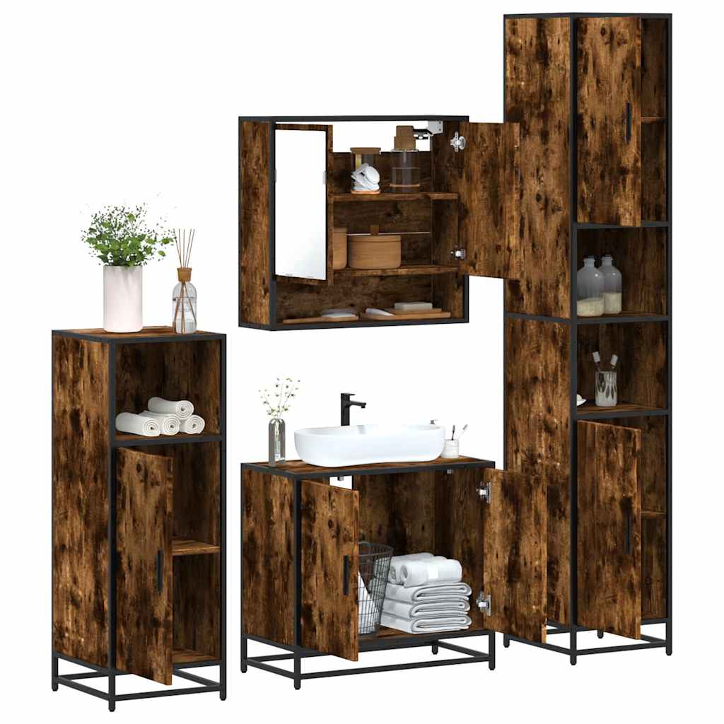 4-delige Badkamermeubelset bewerkt hout gerookt eikenkleurig is nu te koop bij PeponiXL, paradijselijk wonen!