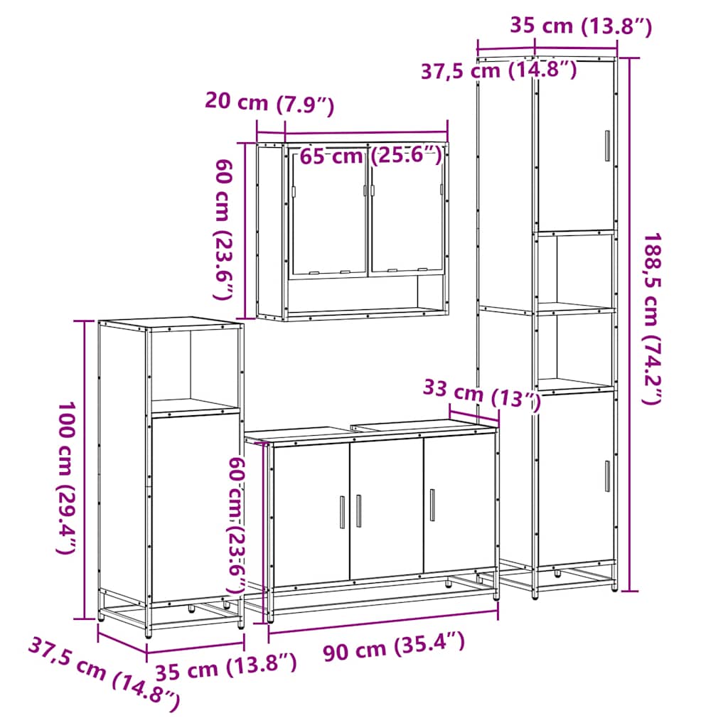 4-delige Badkamermeubelset bewerkt hout sonoma eikenkleurig is nu te koop bij PeponiXL, paradijselijk wonen!
