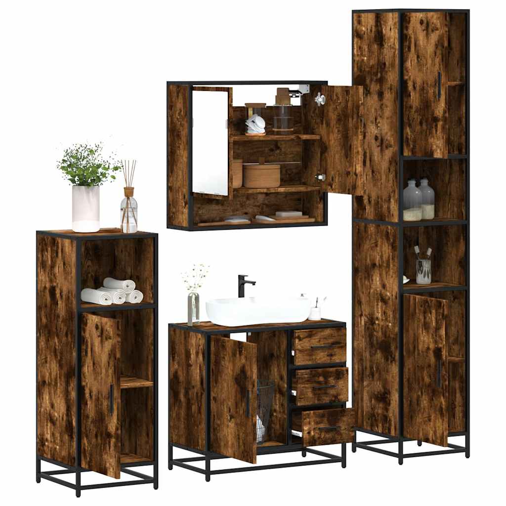 4-delige Badkamermeubelset bewerkt hout gerookt eikenkleurig is nu te koop bij PeponiXL, paradijselijk wonen!