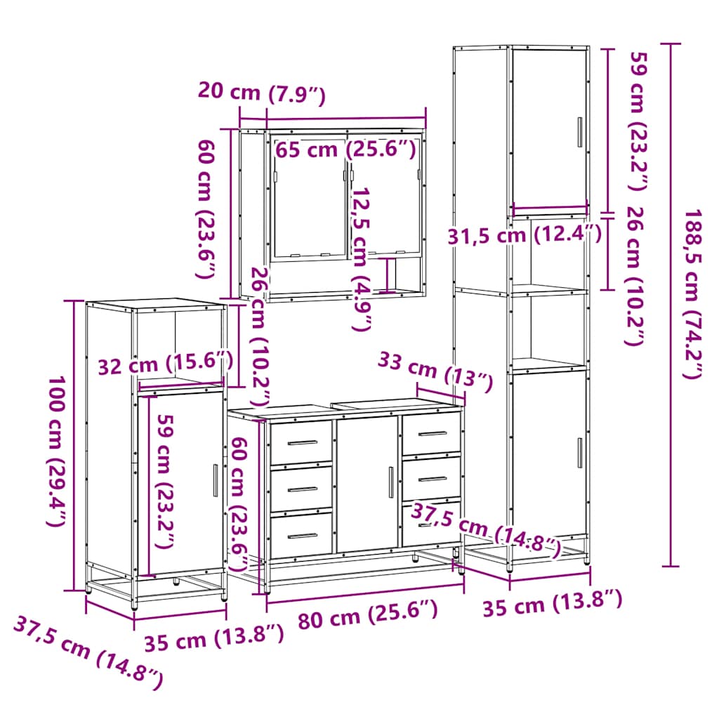 4-delige Badkamermeubelset bewerkt hout sonoma eikenkleurig is nu te koop bij PeponiXL, paradijselijk wonen!