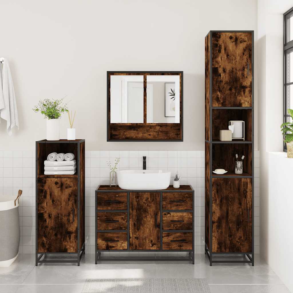 4-delige Badkamermeubelset bewerkt hout gerookt eikenkleurig is nu te koop bij PeponiXL, paradijselijk wonen!