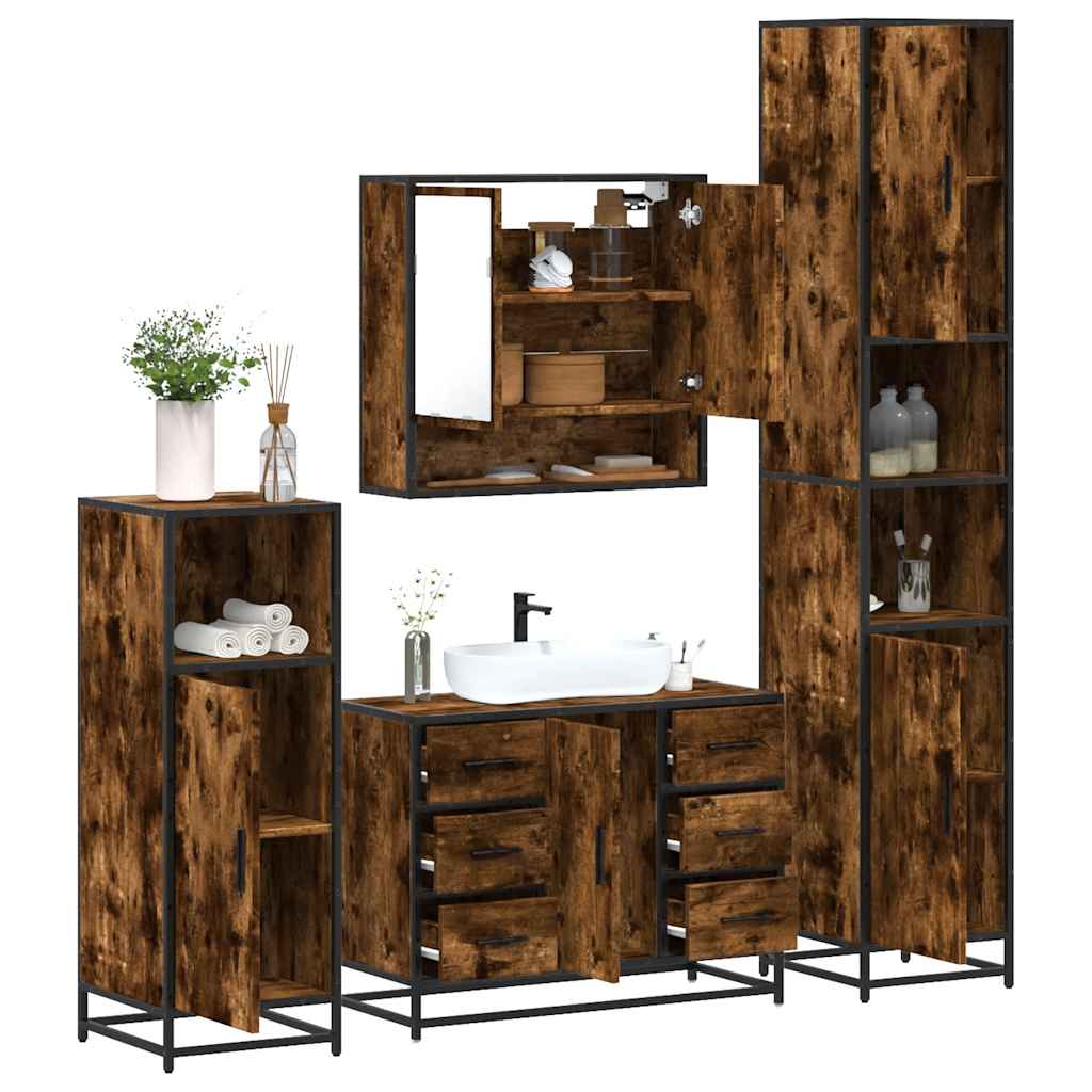 4-delige Badkamermeubelset bewerkt hout gerookt eikenkleurig is nu te koop bij PeponiXL, paradijselijk wonen!
