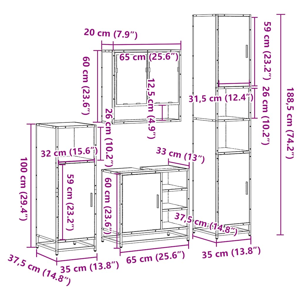 4-delige Badkamermeubelset bewerkt hout sonoma eikenkleurig is nu te koop bij PeponiXL, paradijselijk wonen!