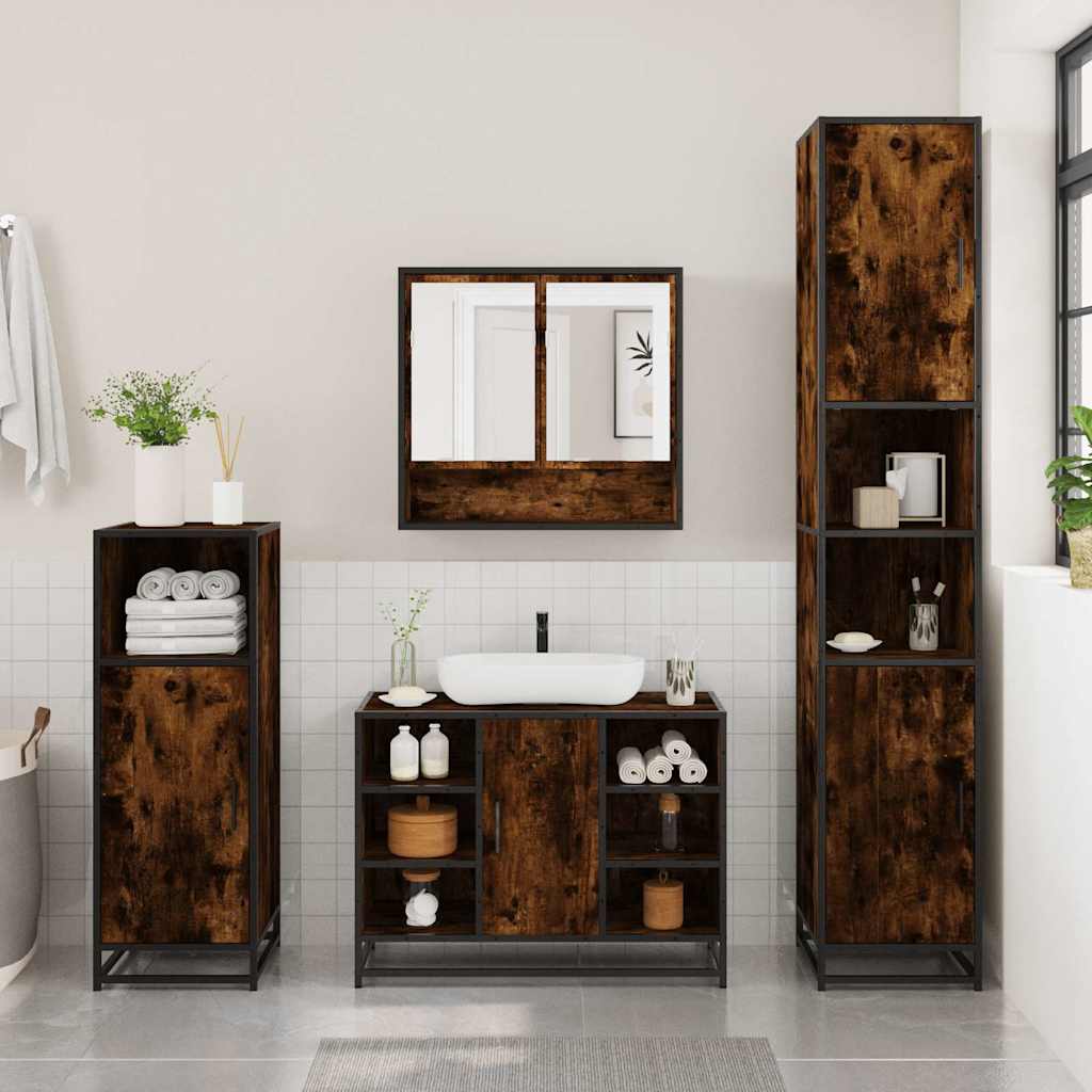 4-delige Badkamermeubelset bewerkt hout gerookt eikenkleurig is nu te koop bij PeponiXL, paradijselijk wonen!
