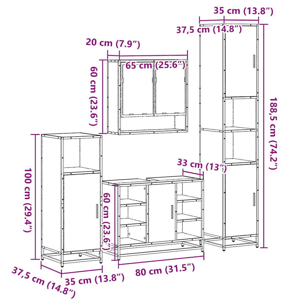 4-delige Badkamermeubelset bewerkt hout gerookt eikenkleurig is nu te koop bij PeponiXL, paradijselijk wonen!