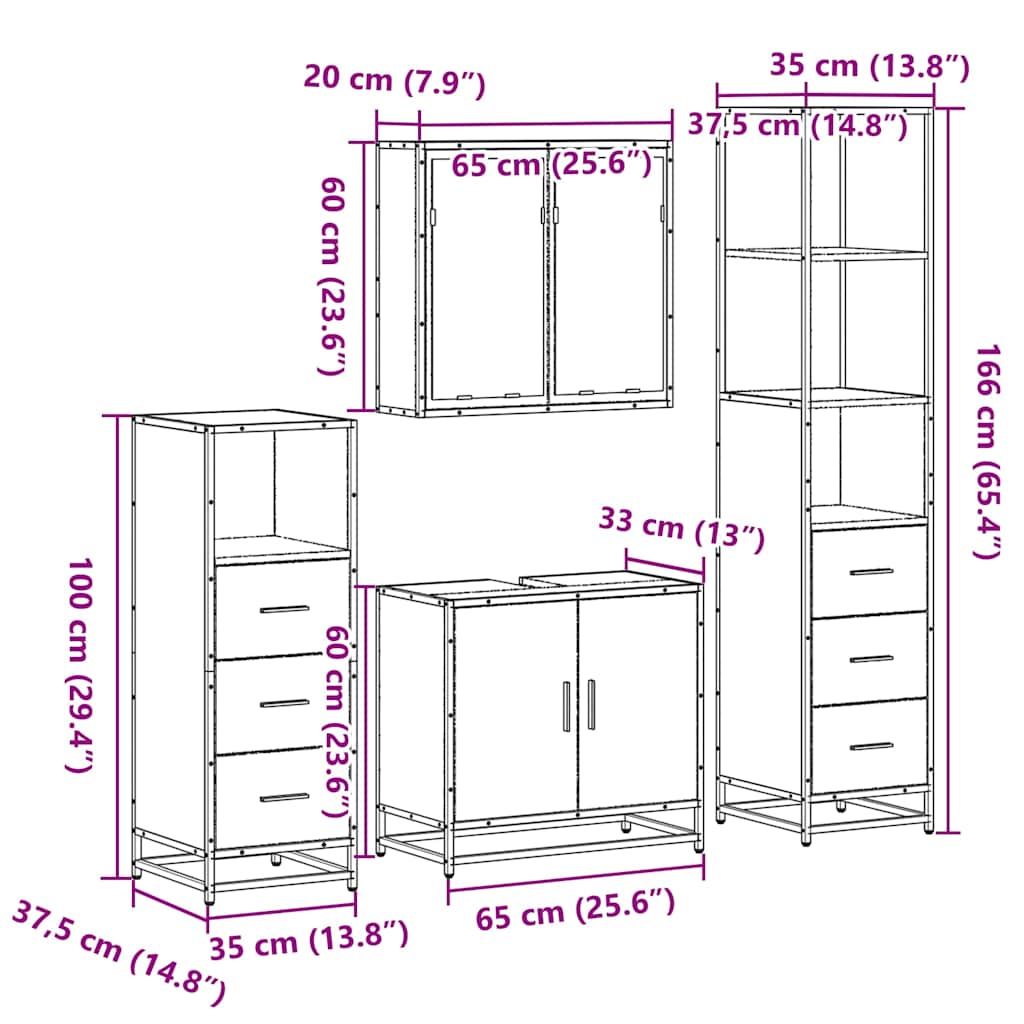 4-delige Badkamermeubelset bewerkt hout gerookt eikenkleurig is nu te koop bij PeponiXL, paradijselijk wonen!