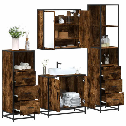 4-delige Badkamermeubelset bewerkt hout gerookt eikenkleurig is nu te koop bij PeponiXL, paradijselijk wonen!