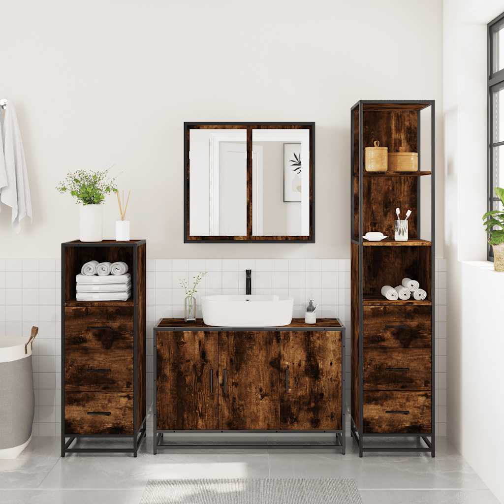 4-delige Badkamermeubelset bewerkt hout gerookt eikenkleurig is nu te koop bij PeponiXL, paradijselijk wonen!
