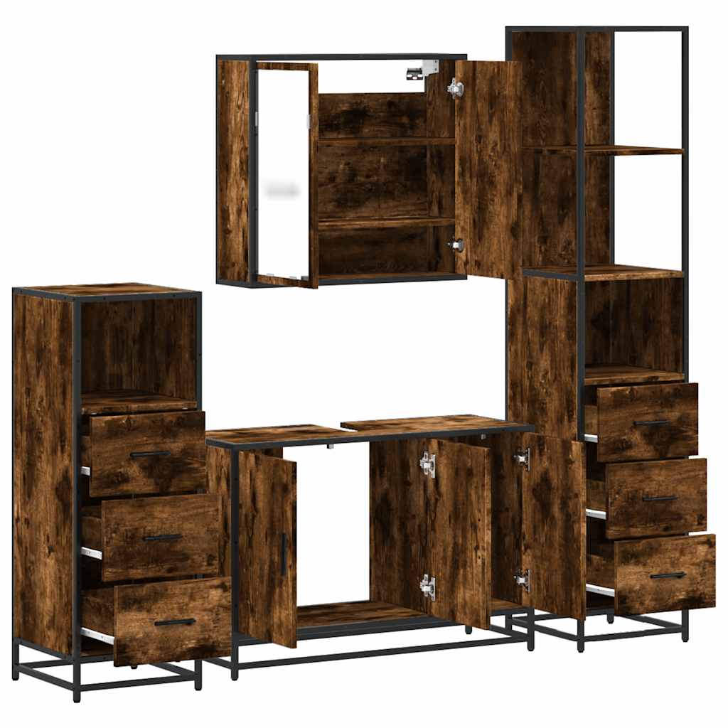 4-delige Badkamermeubelset bewerkt hout gerookt eikenkleurig is nu te koop bij PeponiXL, paradijselijk wonen!
