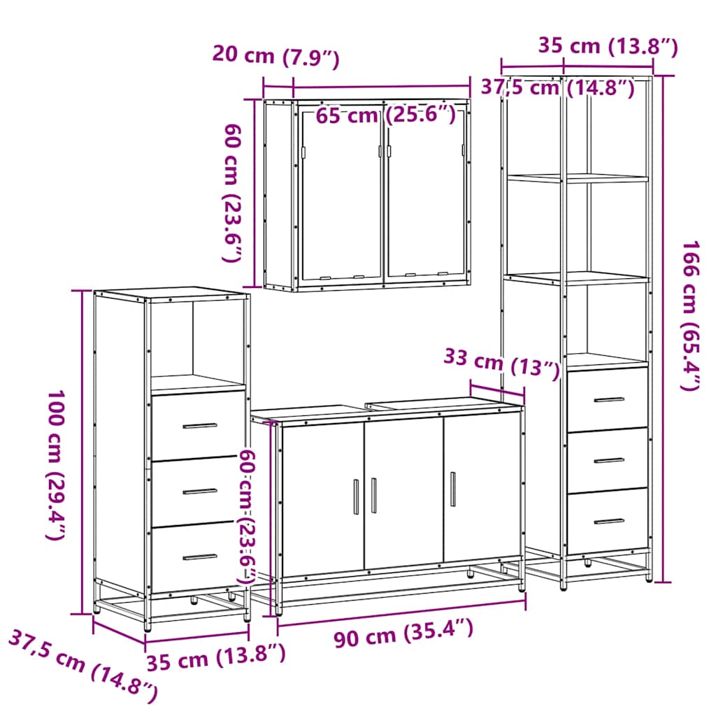 4-delige Badkamermeubelset bewerkt hout gerookt eikenkleurig is nu te koop bij PeponiXL, paradijselijk wonen!