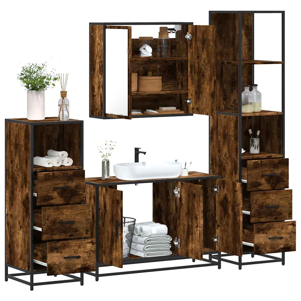 4-delige Badkamermeubelset bewerkt hout gerookt eikenkleurig is nu te koop bij PeponiXL, paradijselijk wonen!
