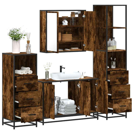 4-delige Badkamermeubelset bewerkt hout gerookt eikenkleurig is nu te koop bij PeponiXL, paradijselijk wonen!
