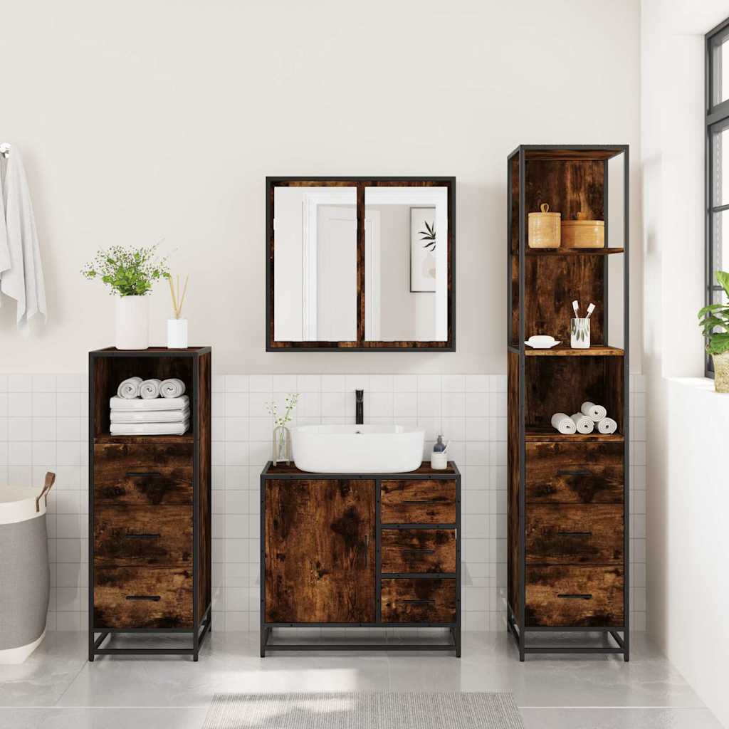 4-delige Badkamermeubelset bewerkt hout gerookt eikenkleurig is nu te koop bij PeponiXL, paradijselijk wonen!