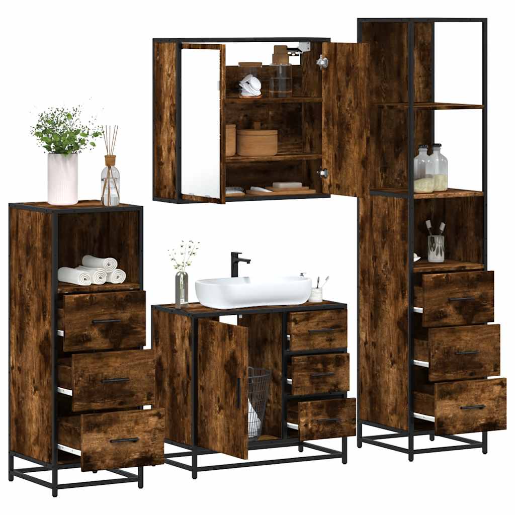 4-delige Badkamermeubelset bewerkt hout gerookt eikenkleurig is nu te koop bij PeponiXL, paradijselijk wonen!