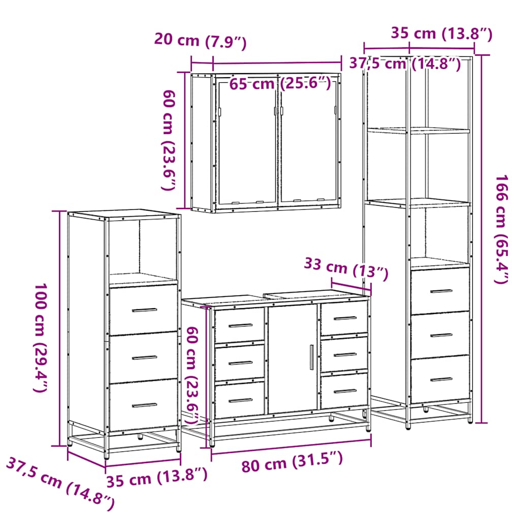 4-delige Badkamermeubelset bewerkt hout sonoma eikenkleurig is nu te koop bij PeponiXL, paradijselijk wonen!