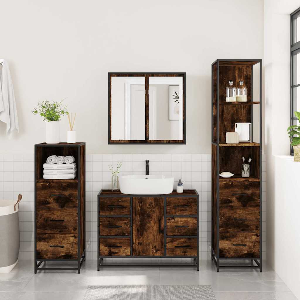 4-delige Badkamermeubelset bewerkt hout gerookt eikenkleurig is nu te koop bij PeponiXL, paradijselijk wonen!