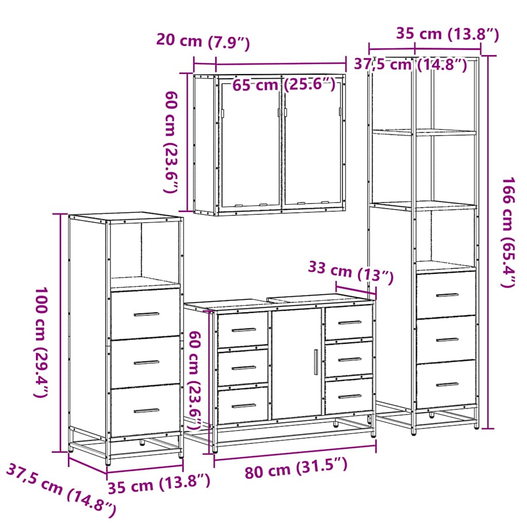 4-delige Badkamermeubelset bewerkt hout gerookt eikenkleurig is nu te koop bij PeponiXL, paradijselijk wonen!