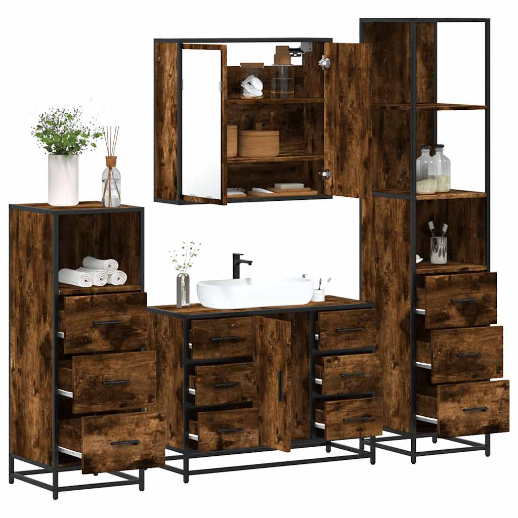 4-delige Badkamermeubelset bewerkt hout gerookt eikenkleurig is nu te koop bij PeponiXL, paradijselijk wonen!