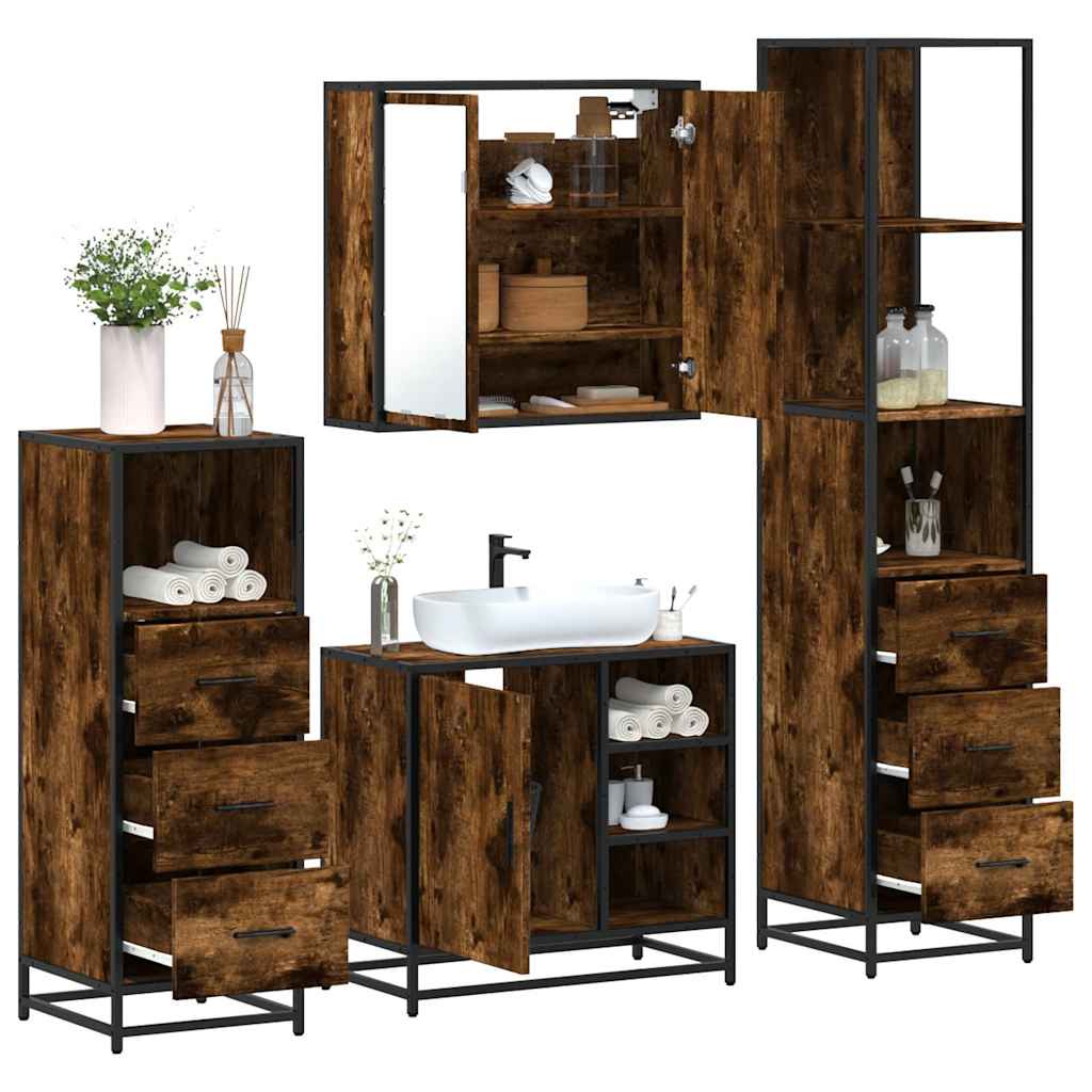 4-delige Badkamermeubelset bewerkt hout gerookt eikenkleurig is nu te koop bij PeponiXL, paradijselijk wonen!
