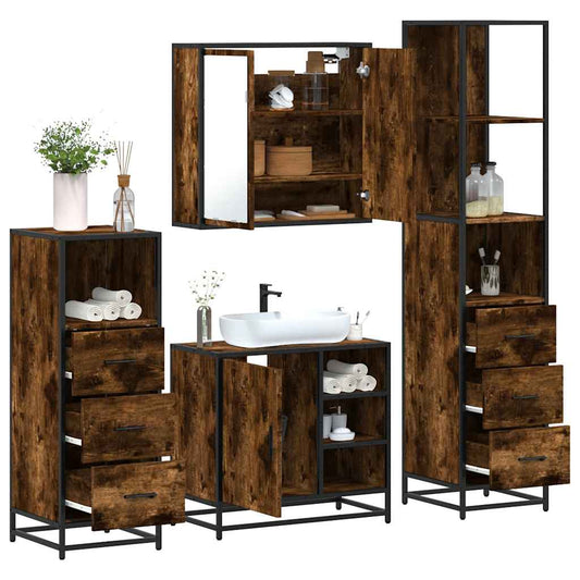 4-delige Badkamermeubelset bewerkt hout gerookt eikenkleurig is nu te koop bij PeponiXL, paradijselijk wonen!