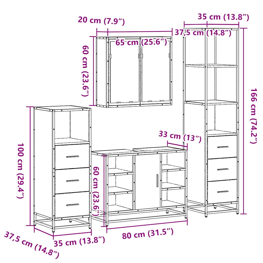4-delige Badkamermeubelset bewerkt hout sonoma eikenkleurig is nu te koop bij PeponiXL, paradijselijk wonen!