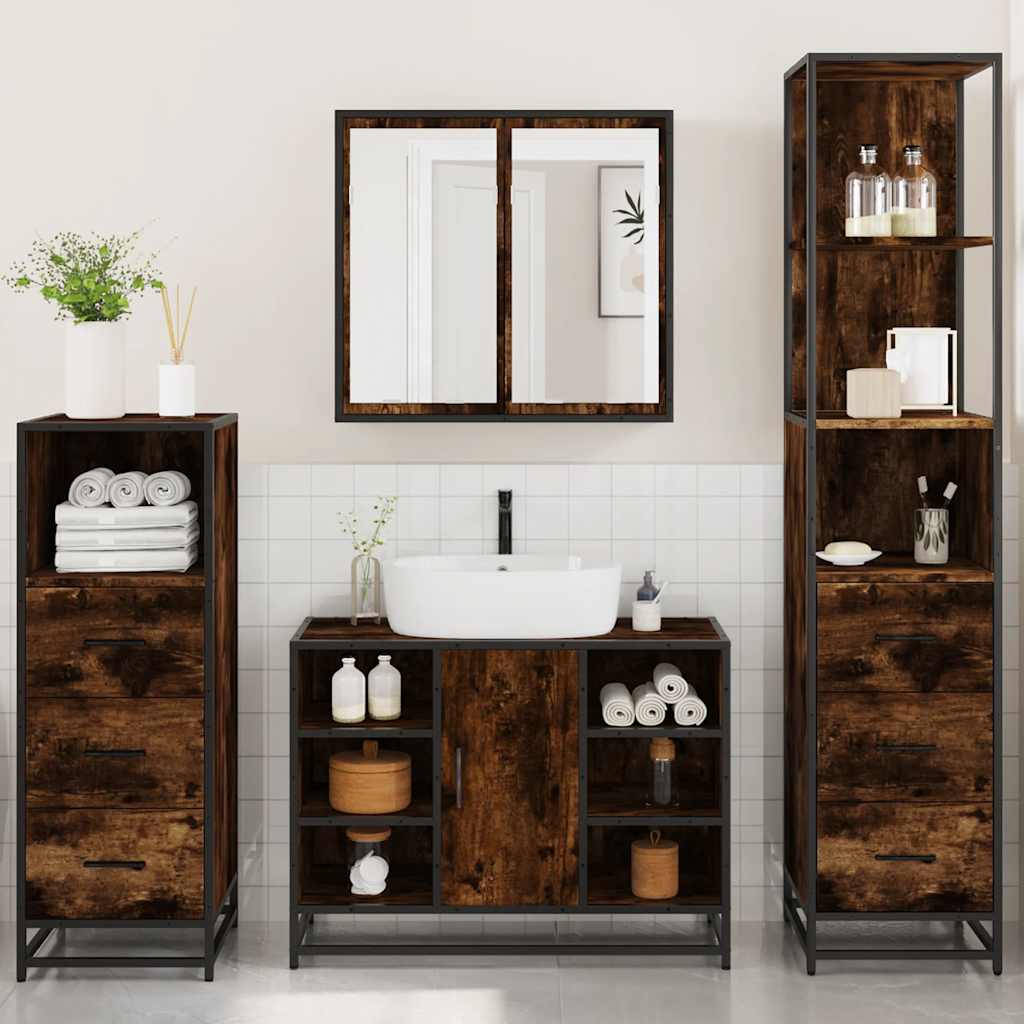 4-delige Badkamermeubelset bewerkt hout gerookt eikenkleurig is nu te koop bij PeponiXL, paradijselijk wonen!