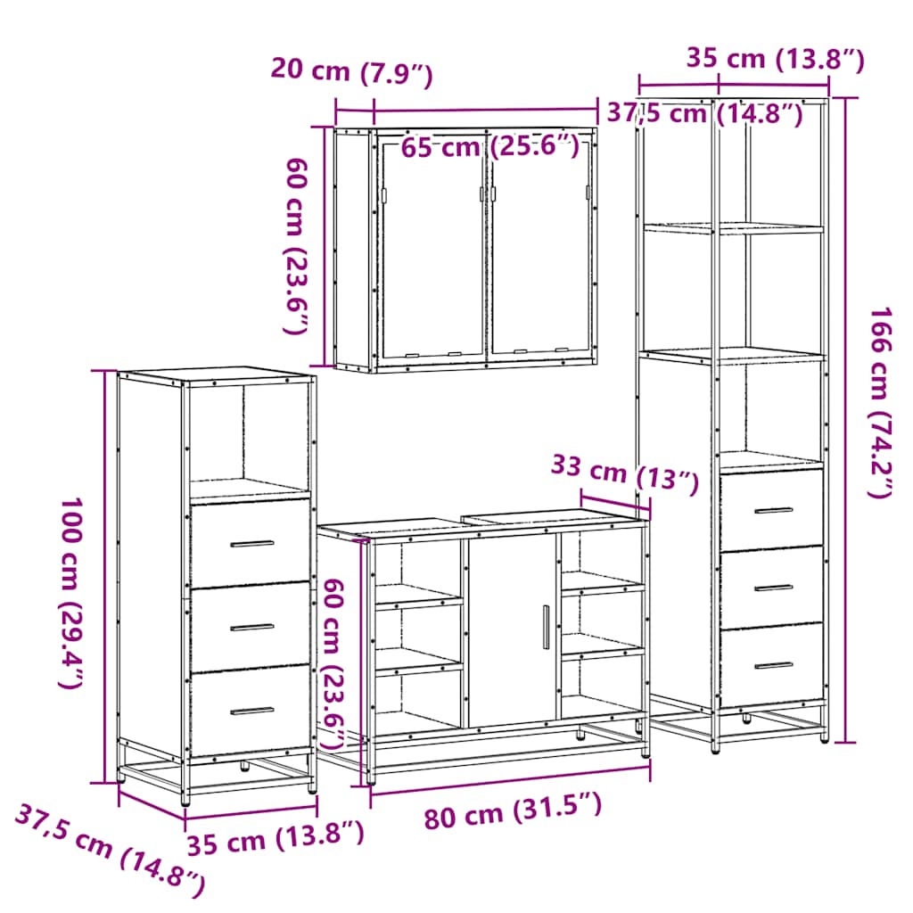 4-delige Badkamermeubelset bewerkt hout gerookt eikenkleurig is nu te koop bij PeponiXL, paradijselijk wonen!