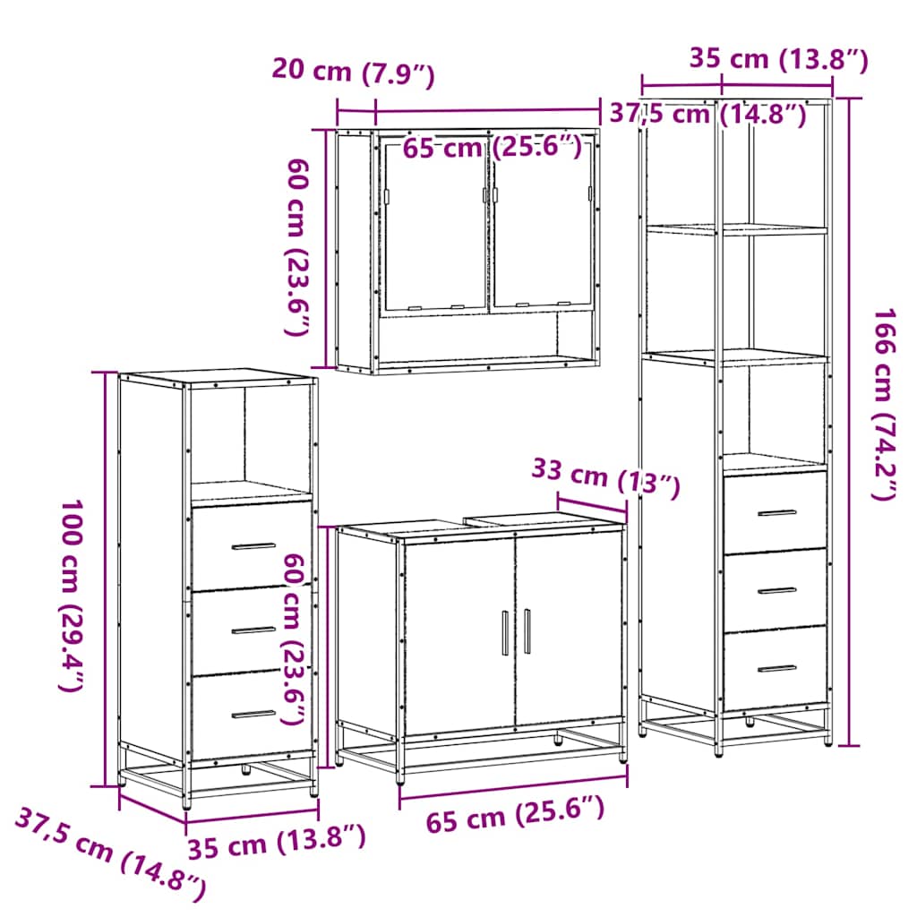 4-delige Badkamermeubelset bewerkt hout sonoma eikenkleurig is nu te koop bij PeponiXL, paradijselijk wonen!