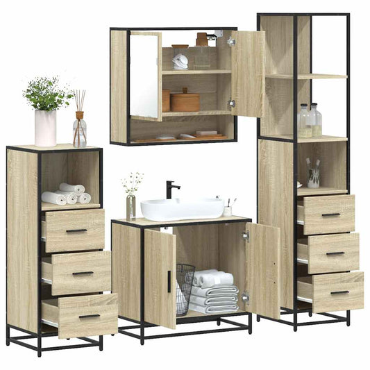 4-delige Badkamermeubelset bewerkt hout sonoma eikenkleurig is nu te koop bij PeponiXL, paradijselijk wonen!