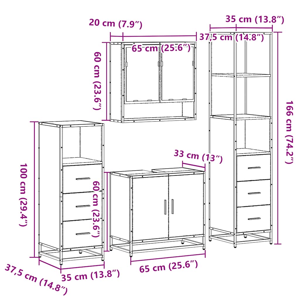 4-delige Badkamermeubelset bewerkt hout gerookt eikenkleurig is nu te koop bij PeponiXL, paradijselijk wonen!