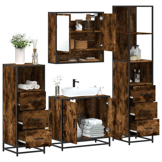 4-delige Badkamermeubelset bewerkt hout gerookt eikenkleurig is nu te koop bij PeponiXL, paradijselijk wonen!