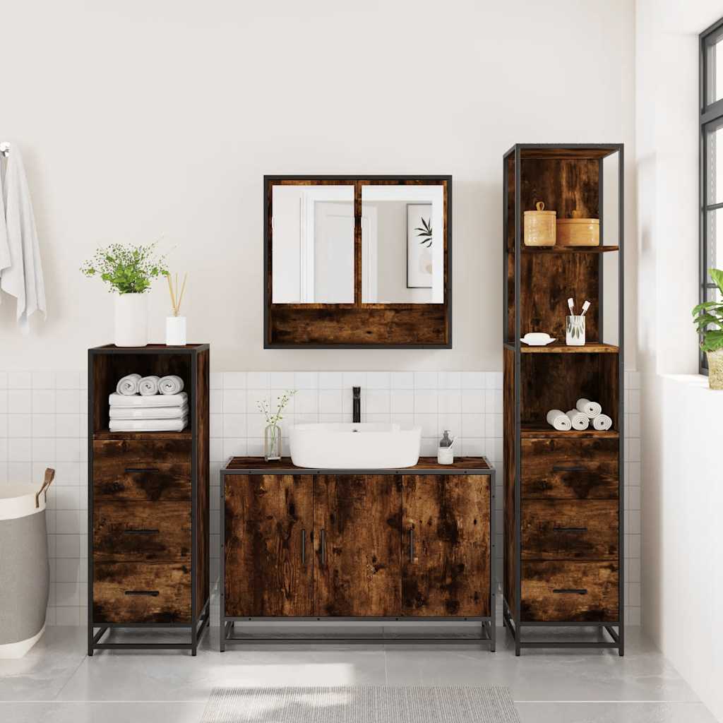 4-delige Badkamermeubelset bewerkt hout gerookt eikenkleurig is nu te koop bij PeponiXL, paradijselijk wonen!