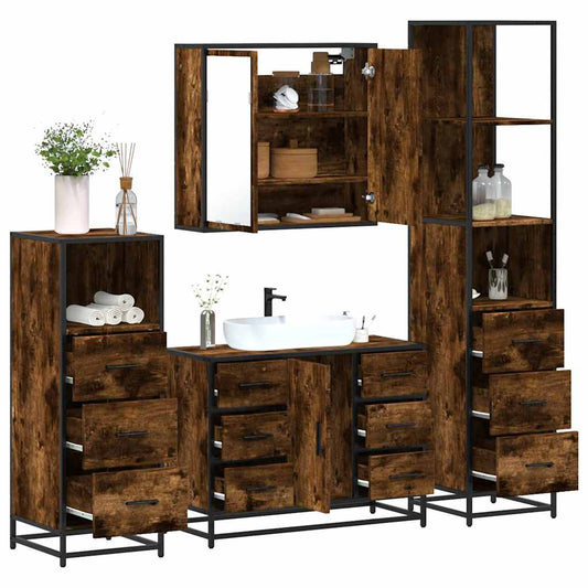 4-delige Badkamermeubelset bewerkt hout gerookt eikenkleurig is nu te koop bij PeponiXL, paradijselijk wonen!