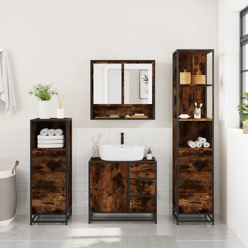 4-delige Badkamermeubelset bewerkt hout gerookt eikenkleurig is nu te koop bij PeponiXL, paradijselijk wonen!