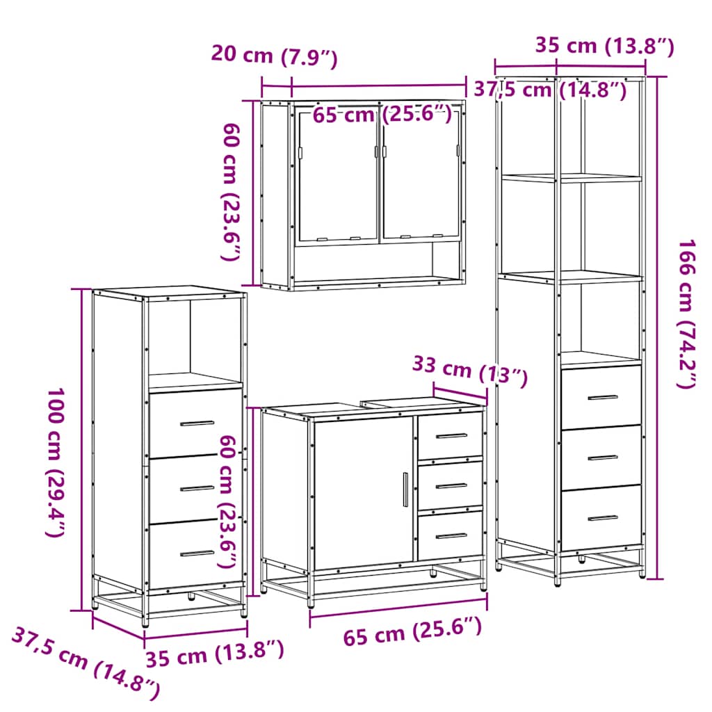 4-delige Badkamermeubelset bewerkt hout gerookt eikenkleurig is nu te koop bij PeponiXL, paradijselijk wonen!