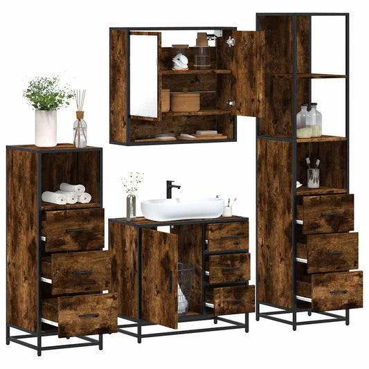 4-delige Badkamermeubelset bewerkt hout gerookt eikenkleurig is nu te koop bij PeponiXL, paradijselijk wonen!