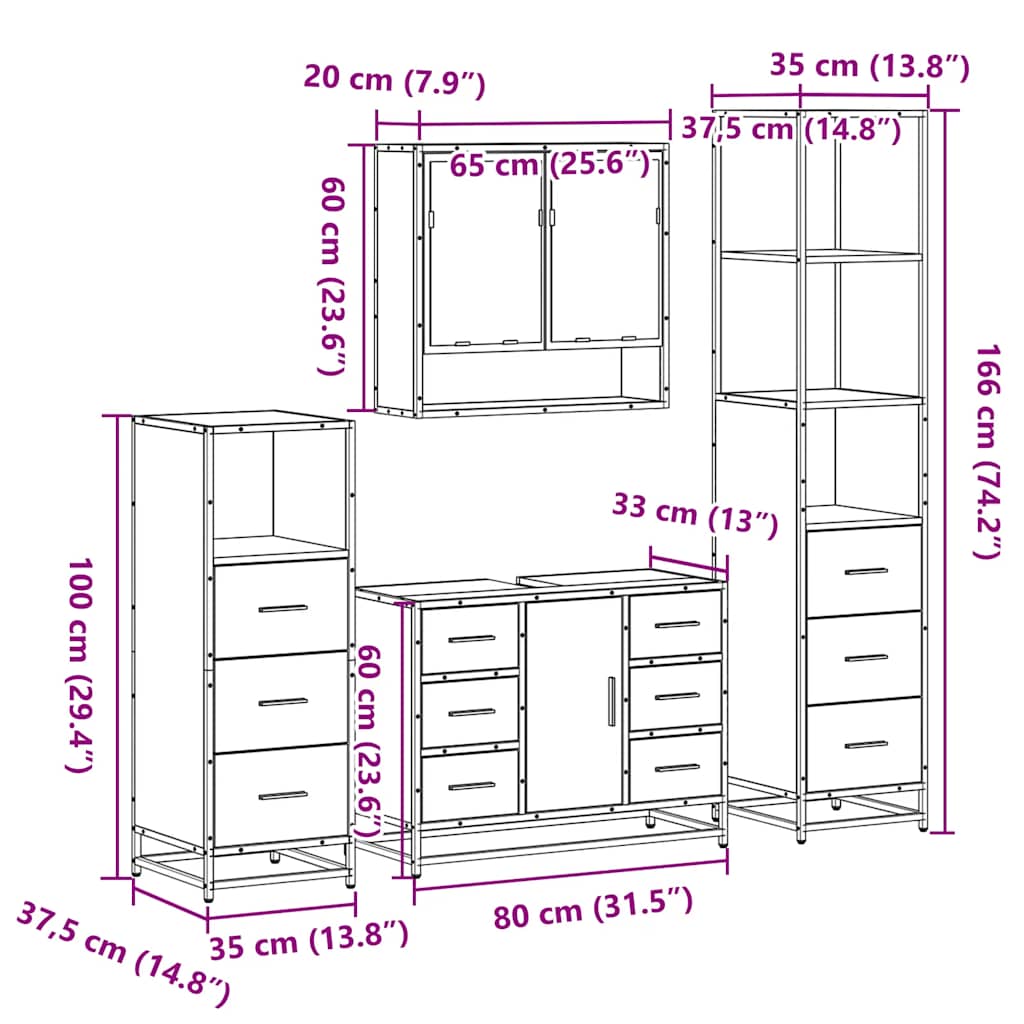 4-delige Badkamermeubelset bewerkt hout sonoma eikenkleurig is nu te koop bij PeponiXL, paradijselijk wonen!