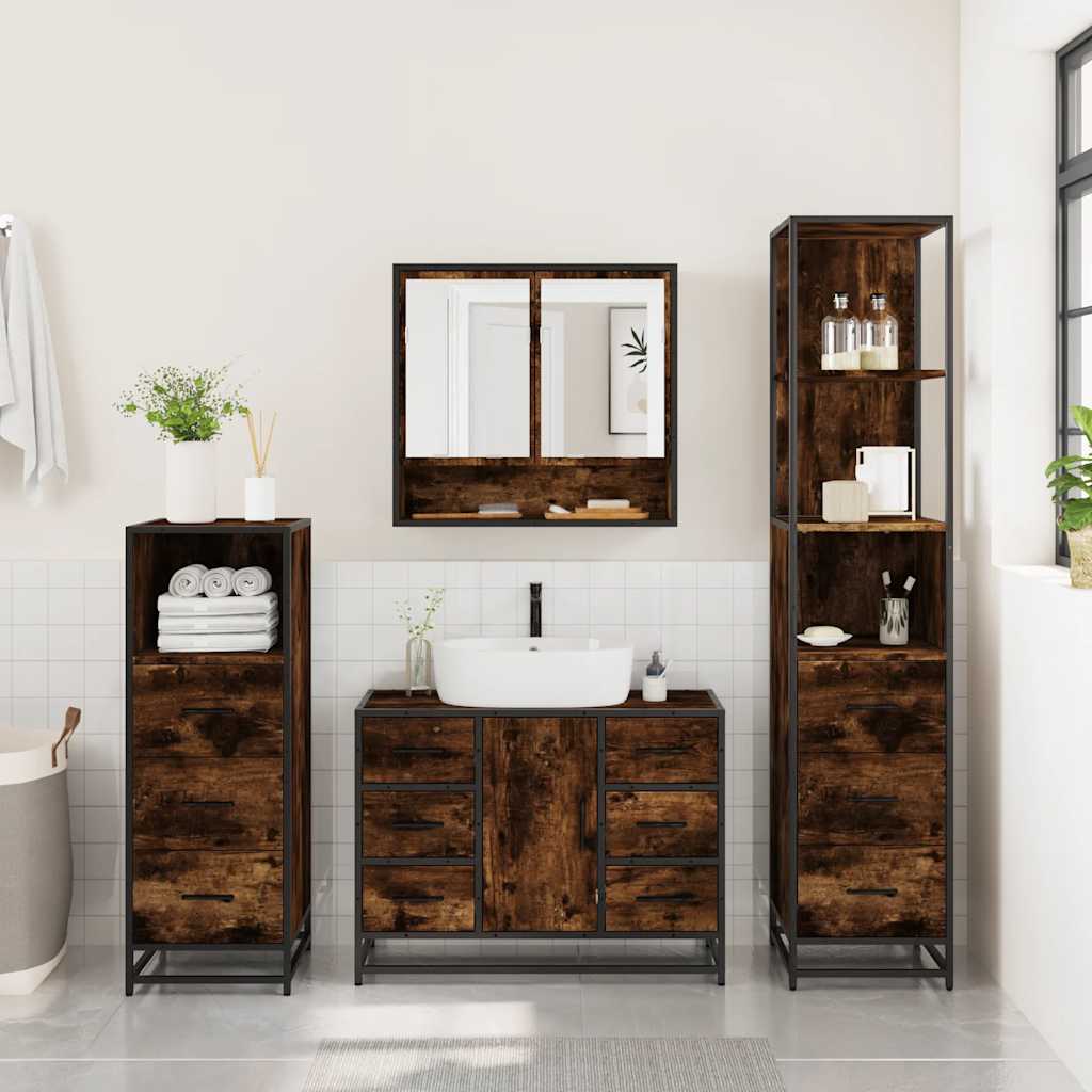 4-delige Badkamermeubelset bewerkt hout gerookt eikenkleurig is nu te koop bij PeponiXL, paradijselijk wonen!
