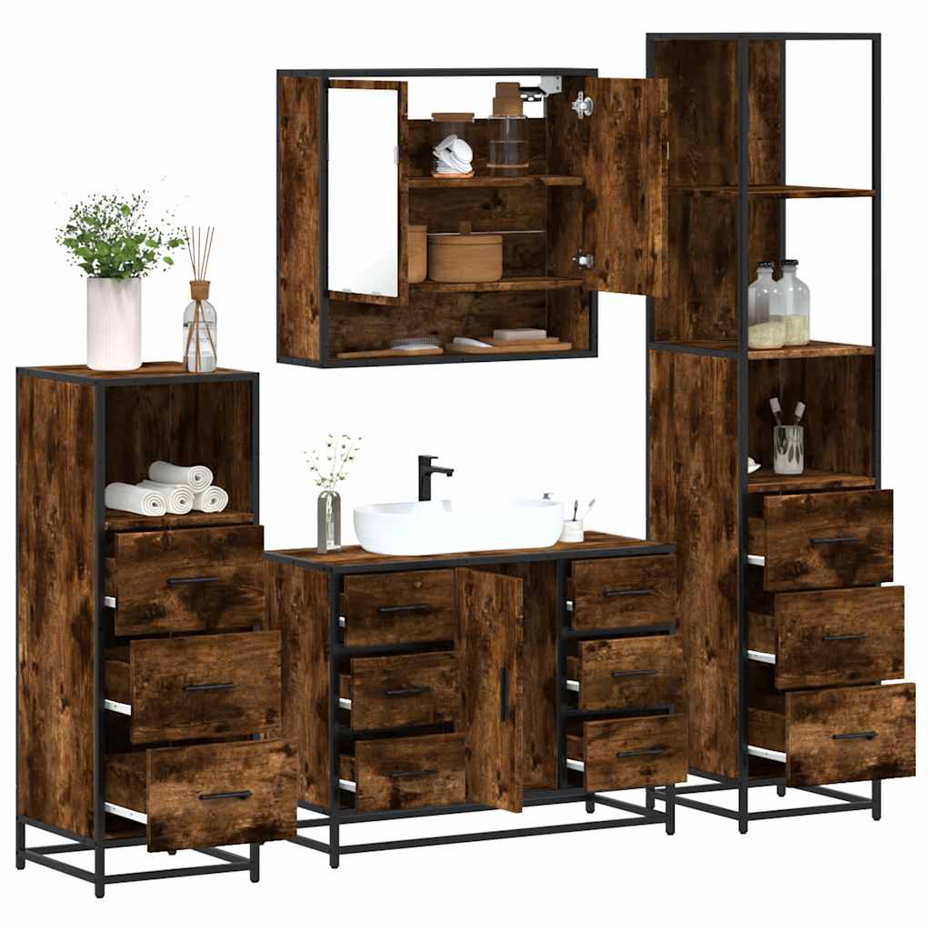 4-delige Badkamermeubelset bewerkt hout gerookt eikenkleurig is nu te koop bij PeponiXL, paradijselijk wonen!