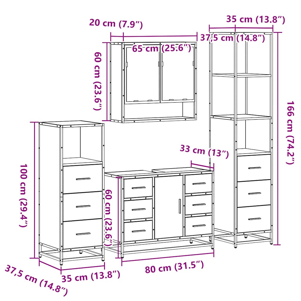 4-delige Badkamermeubelset bewerkt hout gerookt eikenkleurig is nu te koop bij PeponiXL, paradijselijk wonen!
