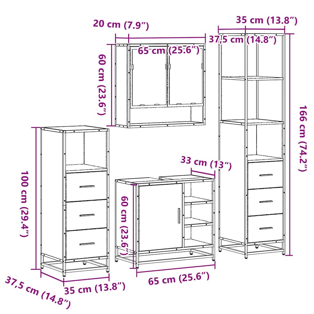 4-delige Badkamermeubelset bewerkt hout sonoma eikenkleurig is nu te koop bij PeponiXL, paradijselijk wonen!