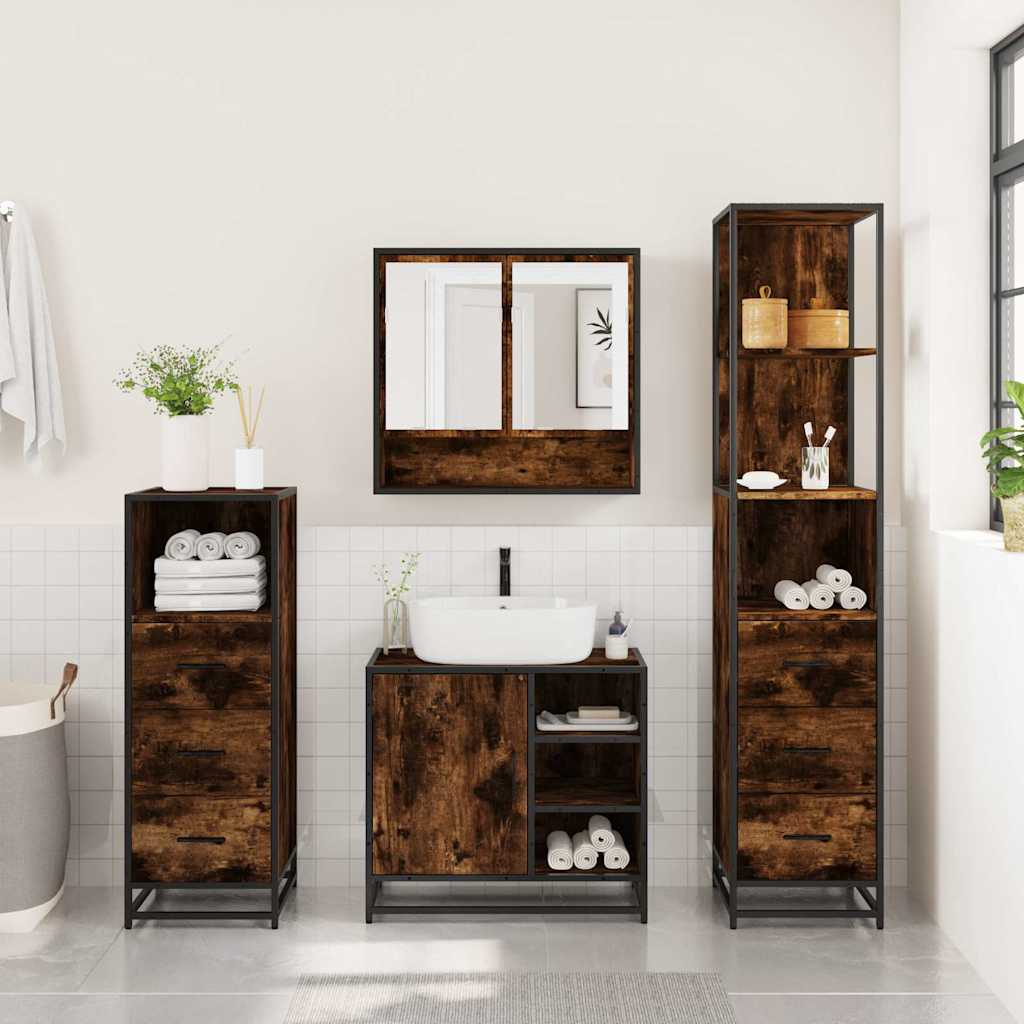4-delige Badkamermeubelset bewerkt hout gerookt eikenkleurig is nu te koop bij PeponiXL, paradijselijk wonen!