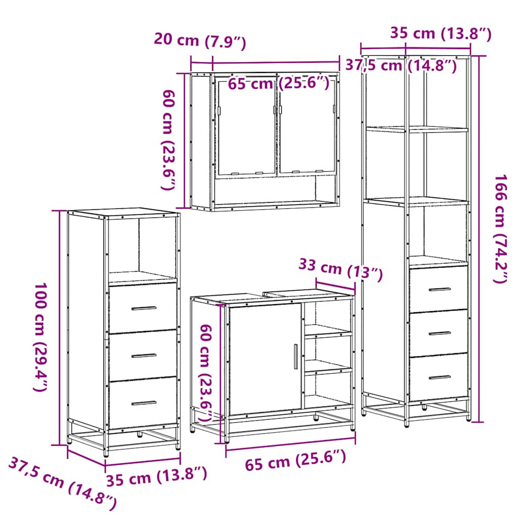 4-delige Badkamermeubelset bewerkt hout gerookt eikenkleurig is nu te koop bij PeponiXL, paradijselijk wonen!