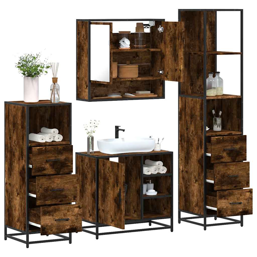 4-delige Badkamermeubelset bewerkt hout gerookt eikenkleurig is nu te koop bij PeponiXL, paradijselijk wonen!